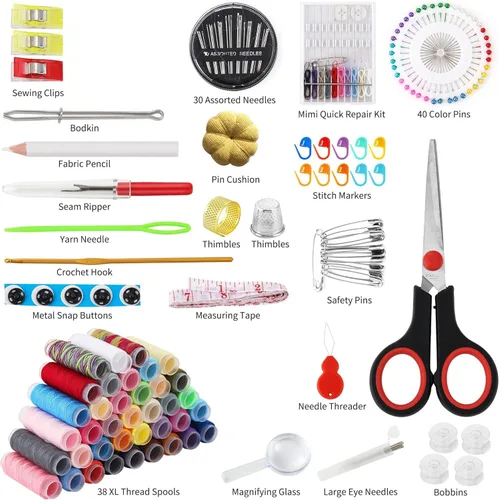 Vista 2 de Kit de costura para adultos, 183 piezas de aguja e hilo con suministros básicos de costura y accesorios para viajes pequeños arreglos, reparaciones