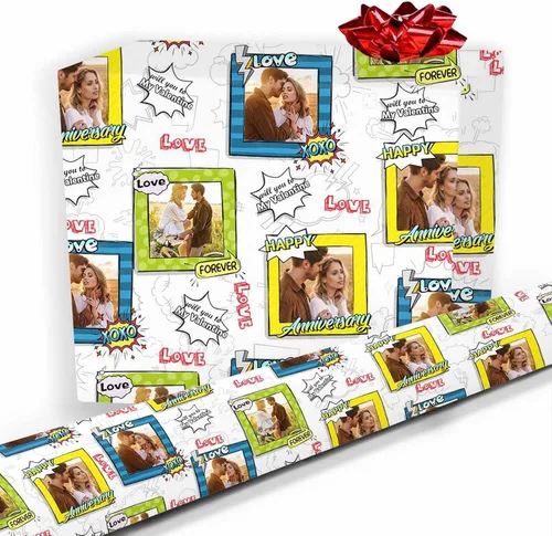 Vista 22 de Artsadd Papel de regalo personalizado con texto con imagen para aniversario, día de San Valentín, papel de regalo con foto personalizada con corazón