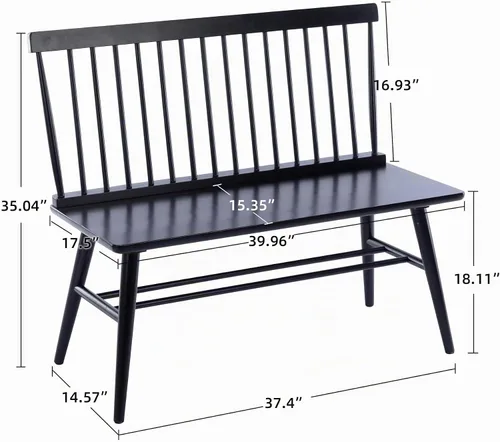 Vista 2 de DUHOME Banco de entrada, Banco de comedor negro con respaldo de espiral, Banco de madera de casa rural Windsor para vestíbulo, balcón, sala