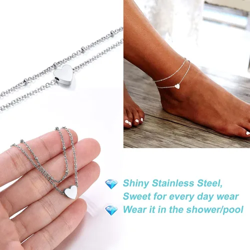 Vista 3 de ChainsPro - Tobillera ajustable de plata de ley S925 para mujer, pulsera de tobillo con corazón, luna, esposas, joyería para verano, acero