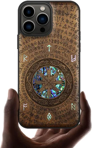 Vista 10 de Carveit Funda protectora de madera de diseñador para iPhone 13 Pro Max, cubierta magnética, grabado en madera e incrustaciones de concha, funda