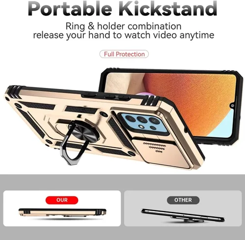 Vista 4 de Funda para Galaxy A32 4G, Samsung A32 4G SM-A325F con protector de pantalla de vidrio templado y cubierta de cámara deslizante, anillo magnético