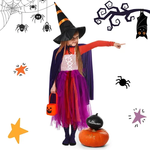 Vista 4 de Hercicy Juego de 5 piezas de disfraz de bruja de Halloween, calcetines a rayas para festival, bolsa de truco o trato de calabaza para niños y niñas