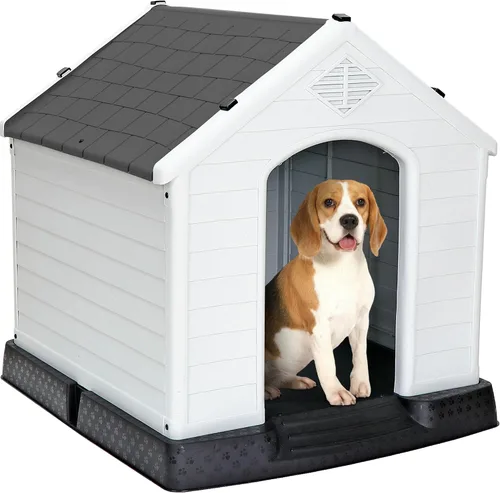 Vista 13 de Casa de plástico resistente al agua para perros pequeños a grandes, refugio para cachorros de interior con rejillas de ventilación y piso elevado
