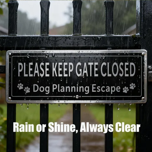 Vista 5 de Paquete de 2 letreros de metal con texto en inglés «Please Keep Gate Closed» (Please Close the Gate Closed), diseño de perro de escape, aluminio