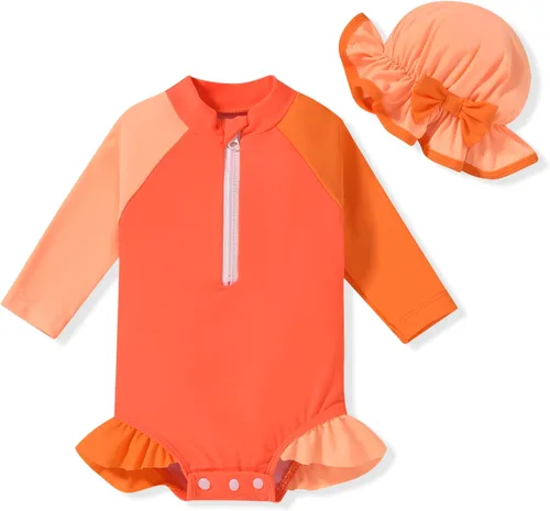 Vista 76 de Aalizzwell Traje de baño de una pieza de manga larga con sombrero para bebé niña