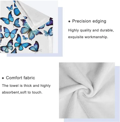 Vista 4 de ALAZA Juego de 3 toallas de baño con diseño de mariposas azules, 1 toalla de baño, 1 toalla de mano, 1 toallita suave, multiusos, para baño, hotel