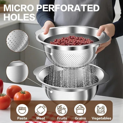 Vista 5 de Colador de acero inoxidable con tazón para mezclar, lavadora de arroz, colador para cocina, colador de arroz, lavado de frutas y verduras, colador