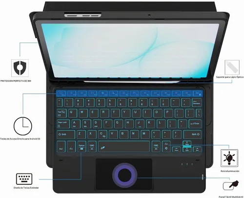 Vista 3 de Funda para Galaxy Tab A9+/A11+ de 11 pulgadas con teclado - Funda de tableta inalámbrica desmontable retroiluminada de 7 colores con panel táctil