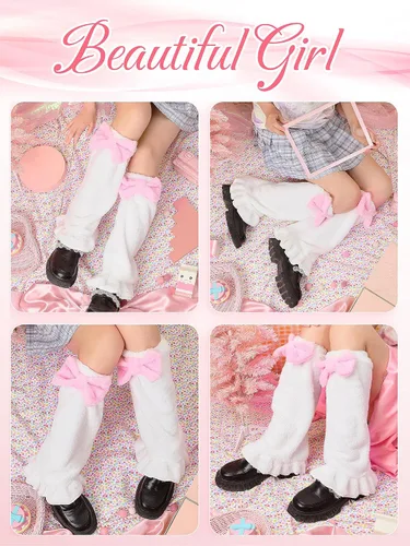 Vista 5 de Kawaii Leg Warmer Fuzzy Fluffy Socks with Bow Cartoon Cosplay Leg Warmer Over the Knee Socks for Women Girls
