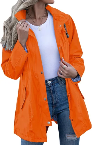 Vista 8 de Kikibell Chaqueta de lluvia para mujer con capucha, con forro a rayas, ligera, impermeable para exteriores, cortavientos Verde militar