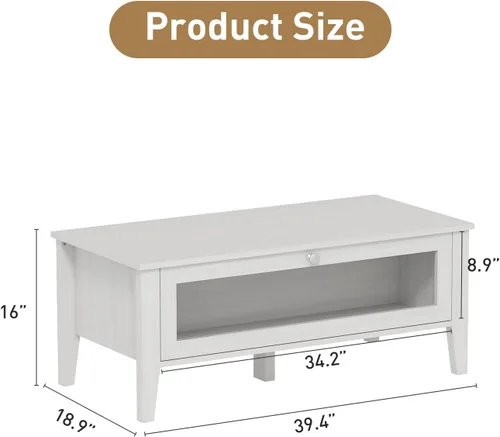 Vista 2 de Bonzy Home Mesa de centro moderna blanca con almacenamiento de puerta de vidrio, mesa central rectangular de madera para sala de estar, 39.4 x 18.9