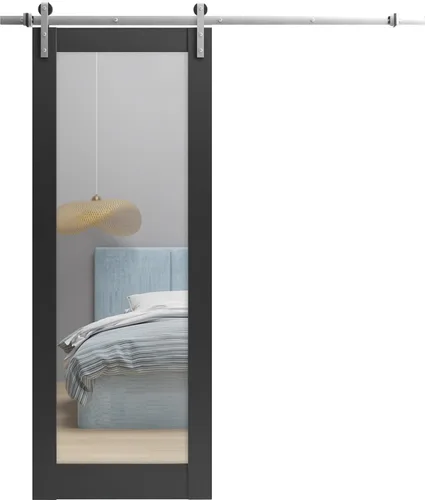 Vista 10 de SARTODOORS Puerta de granero resistente de 18 x 80 pulgadas Lucia 1299 negro mate con espejo Juego de perchas de riel de 6.6 pies Puertas