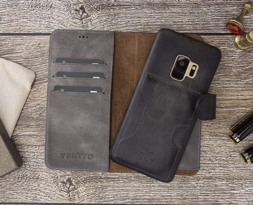 Vista 2 de Venito Florence - Funda de piel compatible con Samsung Galaxy S9, extra segura con bloqueo RFID, cartera desmontable para teléfono (gris decolorado)