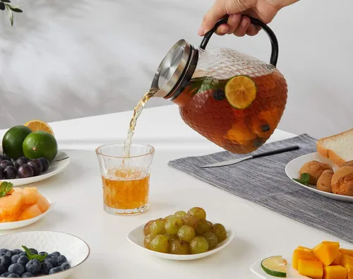 Vista 6 de Purefold Jarra de vidrio de 40 onzas "Serie Piña" con tapa de acero inoxidable, jarra para agua fría/caliente para café, limonada, té solar helado
