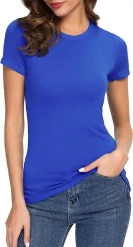 Vista 9 de Camiseta de mujer con cuello redondo, manga corta, ajustada, elástica, básica, de Urban CoCo Negro