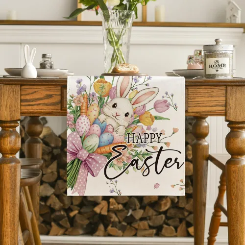 Vista 2 de Artoid Mode Camino de mesa de Pascua con diseño de huevos de conejo, flores de primavera de temporada, zanahorias, cocina, comedor, decoración