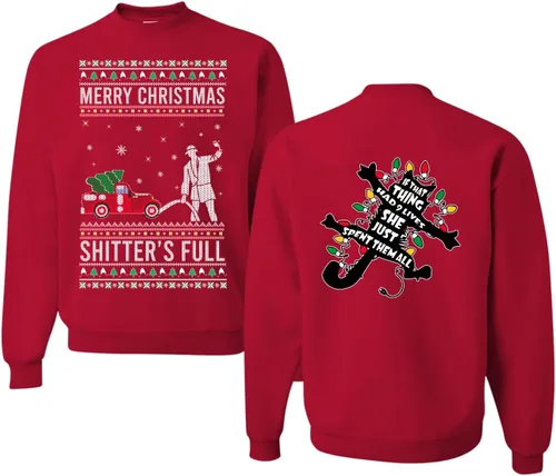 Vista 8 de Wild Bobby Sudadera con gráfico de cuello redondo con texto en inglés "Merry Christmas Shitter's Full Funny Ugly Christmas" Negro (black Hoodie)