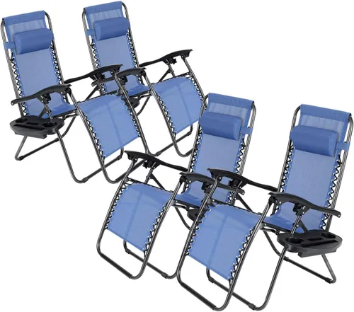 Vista 13 de Juego de 4 sillas reclinables de gravedad cero de malla de acero para acampar al aire libre con reposapiés, ajustable, almohada, bandeja, beige