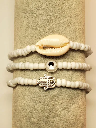Vista 3 de 3 pcs Ilde Cowrie seashell Evil Eye Hamsa Hand Orisha Santeria Pulseras Bracelet Set