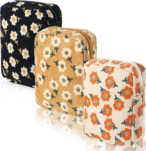 Vista 8 de Photect Juego de 3 bolsas de maquillaje floral para bolso, bolsa de lona de pana, pequeña bolsa de cosméticos para mujeres, mini artículos