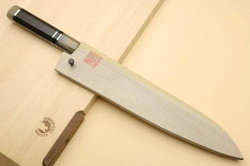 Vista 9 de Yoshihiro HAP40 Gyuto - Cuchillo de chef de acero inoxidable de alta velocidad, mango de ébano de triple anillo (9.5 pulgadas)
