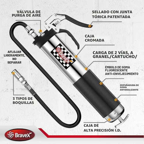 Vista 5 de Bravex - Pistola engrasadora profesional resistente con agarre de pistola, 6000 PSI - Manguera flexible de 457 mm