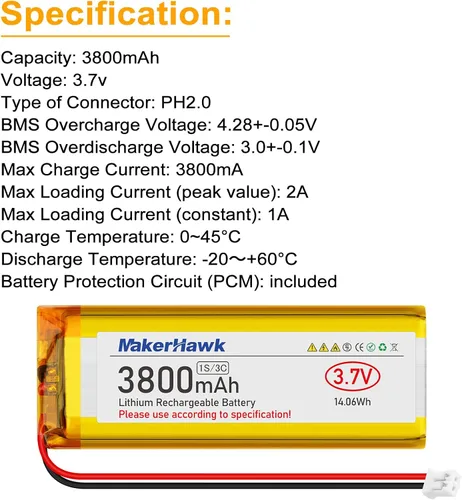Vista 4 de MakerHawk Batería LiPo de 3.7 V 3800 mAh recargable 1S 3C 113386 Batería de polímero de litio con placa de protección de batería dual, enchufe micro