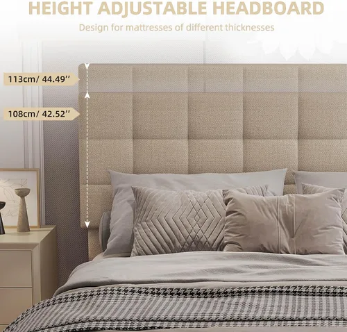 Vista 3 de Base de cama moderna de plataforma tapizada de tamaño Queen, marco de cama de lino con luces, cabecera ajustable con costuras cuadradas, sistema
