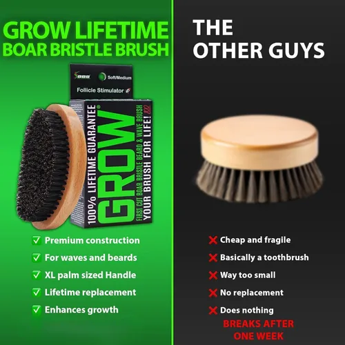 Vista 6 de GROW - Cepillo para barba y cepillo ondulado 360 para hombres, cerdas de jabalí naturales para cabello más completo y grueso, barba y bigote