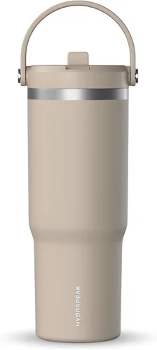 Vista 6 de Hydrapeak Nomad - Vaso de 32 onzas con asa y tapa con popote, a prueba de fugas, doble aislamiento, vaso de acero inoxidable de 32 onzas (almendra)