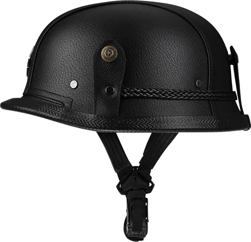 Vista 2 de Yesmotor - Casco de media cara estilo retro alemán de cuero hecho a mano con hebilla de liberación rápida y gafas protectoras - Aprobado por DOT