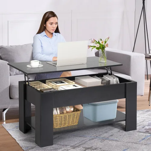 Vista 2 de Mesa de centro elevable con almacenamiento oculto, diseño moderno de elevación de 39.4 pulgadas, escritorio convertible de comedor y portátil