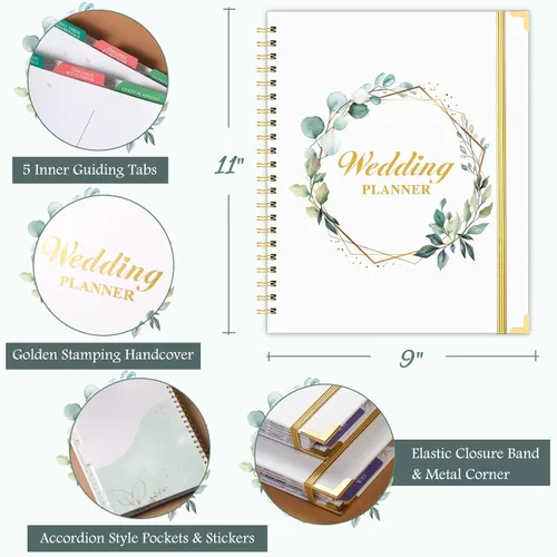 Vista 3 de Agenda de boda – Libro de planificación de boda y organizador para la novia con 5 secciones con pestañas, 12 x 9 pulgadas, tapa dura con esquina