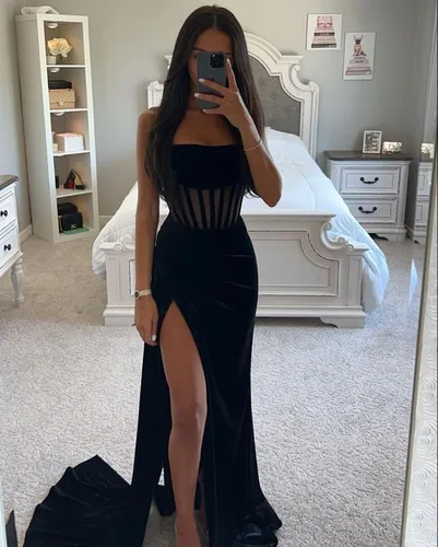 Vista 2 de KNCERY - Vestidos de dama de honor, vestidos formales de satén, sin tirantes, vestido de fiesta de noche, vestidos largos de graduación con abertura