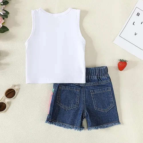 Vista 5 de Mikrdoo Ropa para bebé niña pequeña, trajes de verano camisas, tops rasgados pantalones cortos de mezclilla conjunto de ropa para niña pequeña