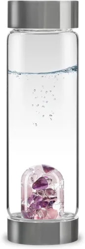Vista 12 de VitaJuwel ViA AMERICAN DREAM Botella de agua de cristal con oro de 24k · Jaspe rojo · Ópalo blanco · Lapislázuli azul · Cuarzo transparente