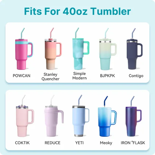 Vista 6 de Paquete de 4 pajitas de metal reutilizables de acero inoxidable para vasos de 40 onzas Pajitas largas con puntas de silicona coloridas, cepillos