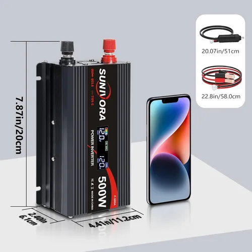 Vista 6 de Inversor de corriente para automóvil de 500 vatios, 12 V CC a 110 V/120 V, convertidor de CA de 1000 W pico con pantalla LCD, 2 salidas de CA y PD