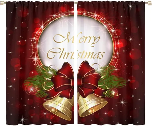 Vista 33 de Cortina opaca de Navidad para ventana, campanas de Navidad, festivales, decoración de atmósfera, cortina para sala de estar, habitación