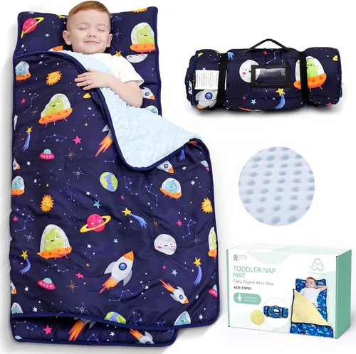 Vista 13 de ACRABROS Tapete para siesta para niños pequeños con almohada y manta, grandes alfombrillas enrolladas para siestas, bolsas de dormir para niños