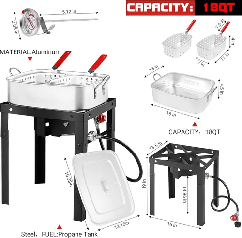 Vista 2 de OT1808-LID-Freidora de Propano con Olla Profunda Cuadrada de 18Qt – Cesta Colador de Aluminio de Alta Calidad para Freír Pescado, Olla para Mariscos