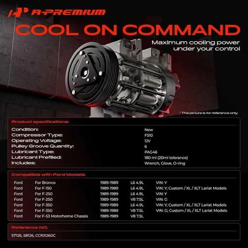 Vista 2 de A-Premium Compresor de aire acondicionado con embrague compatible con chasis de autocaravana 4.9L 7.5L 1989, Ford F-150, F-250, F-350, F-53