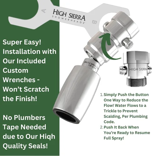 Vista 7 de High Sierra Showerheads® - Cabezal de ducha de bajo flujo de metal sólido de 1.25 GPM con válvula de goteo e inserto de nailon protector - Oculta