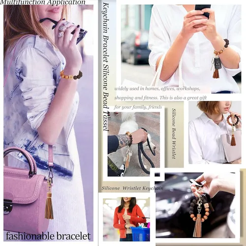 Vista 7 de BIHRTC Llavero de silicona con cuentas, pulsera de piel sintética con borla, llavero portátil, llaves de coche, llavero, llavero para mujer, niña