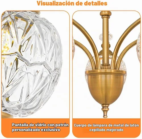 Vista 6 de Candelabro vintage de latón – Lámpara de comedor de altura ajustable con vidrio soplado hecho a mano – Base E26 de 5 luces, ideal para cocina