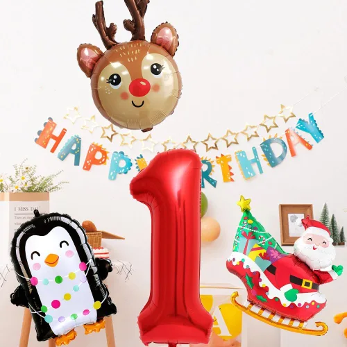 Vista 4 de Globos de papel de aluminio de Navidad, globos de cumpleaños de Navidad, número 1, pingüino, Papá Noel, reno, globo para decoración de fiestas Juego