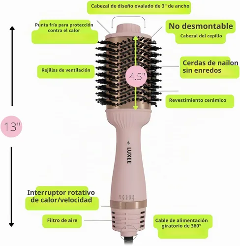 Vista 9 de LUXEE Cepillo secador de pelo de viaje, cepillo de aire caliente de doble voltaje 100-240V, herramienta europea para el cabello, cepillo secador