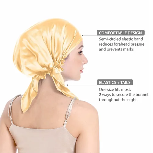 Vista 2 de SissiLita Gorro de seda 100% para dormir con banda de corbata, gorro de dormir grande para cabello rizado, envoltura para el cabello para el cuidado