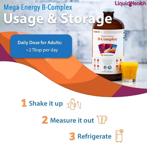 Vista 4 de LIQUIDHEALTH Mega Energy - Complejo B metilado, suplemento vitamínico líquido para adultos, aumenta la energía, alivia el estrés y la fatiga, apoyo